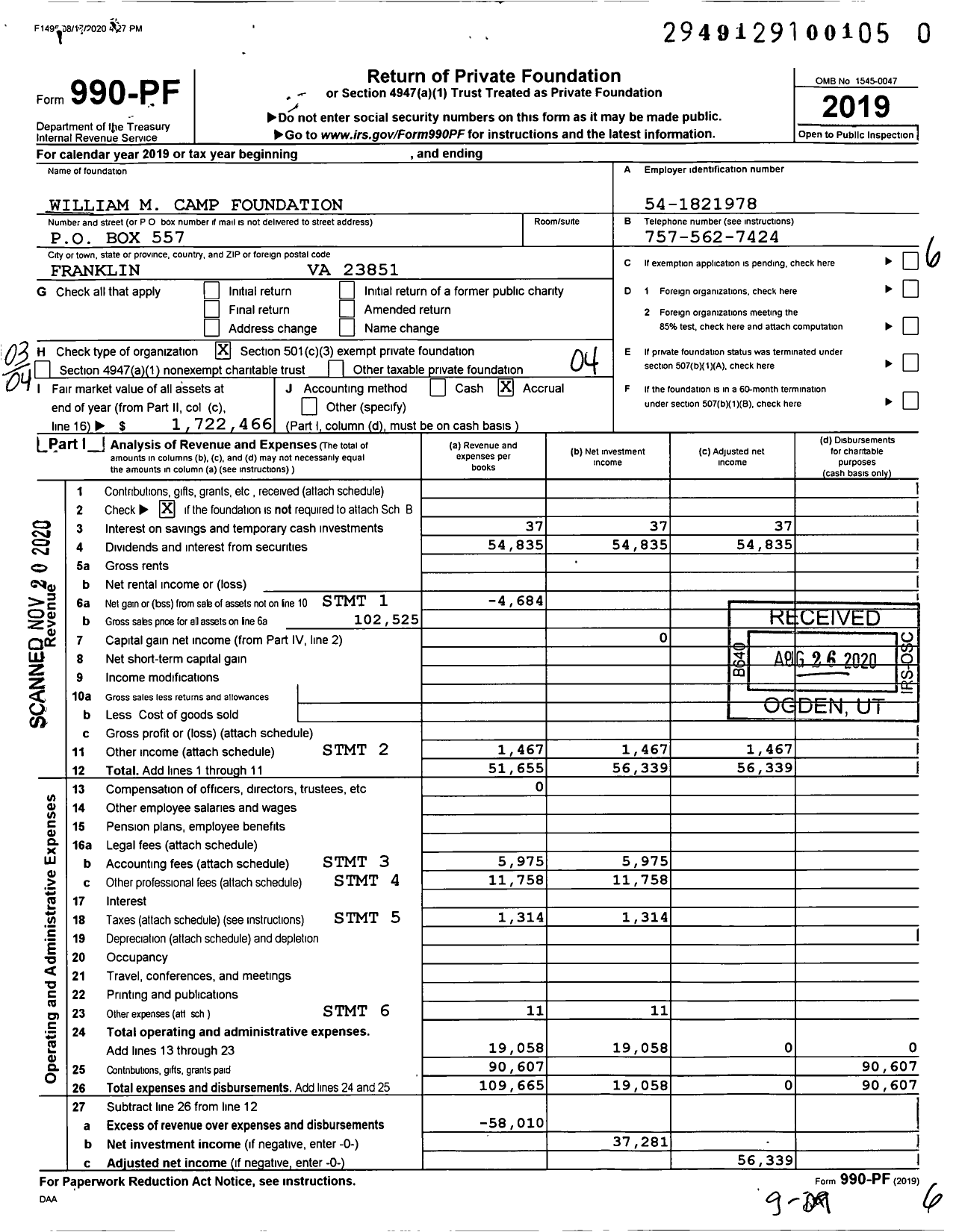 Image of first page of 2019 Form 990PF for William M Camp Foundation