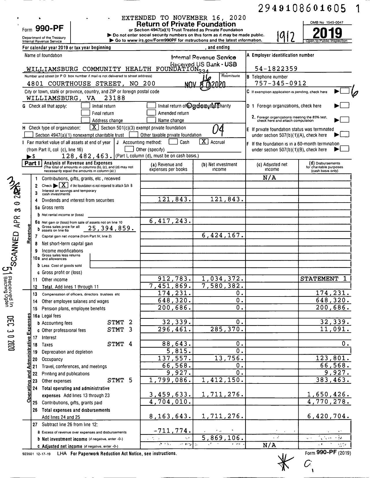 Image of first page of 2019 Form 990PF for Williamsburg Community Health Foundation