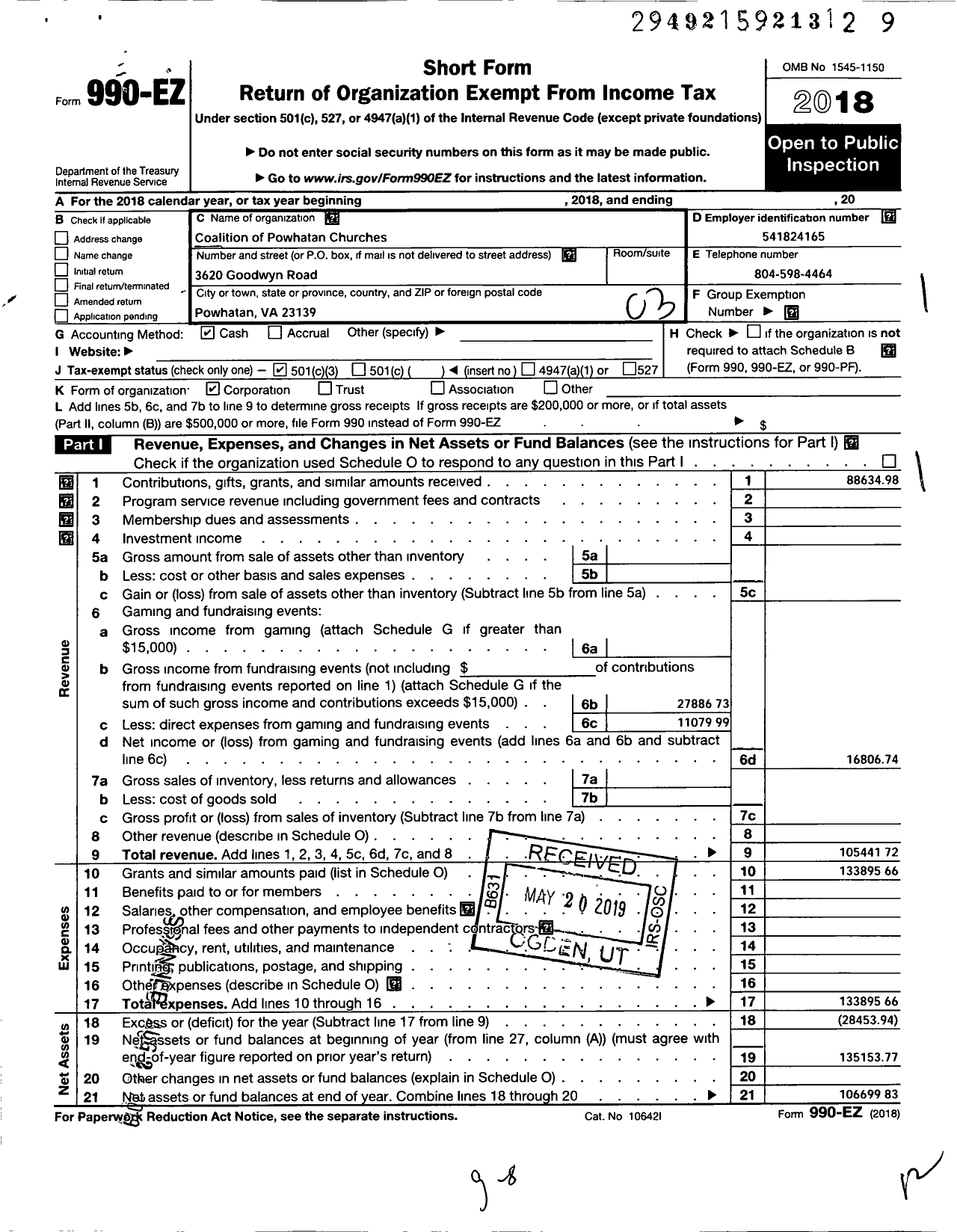 Image of first page of 2018 Form 990EZ for Coalition of Powhatan Churches