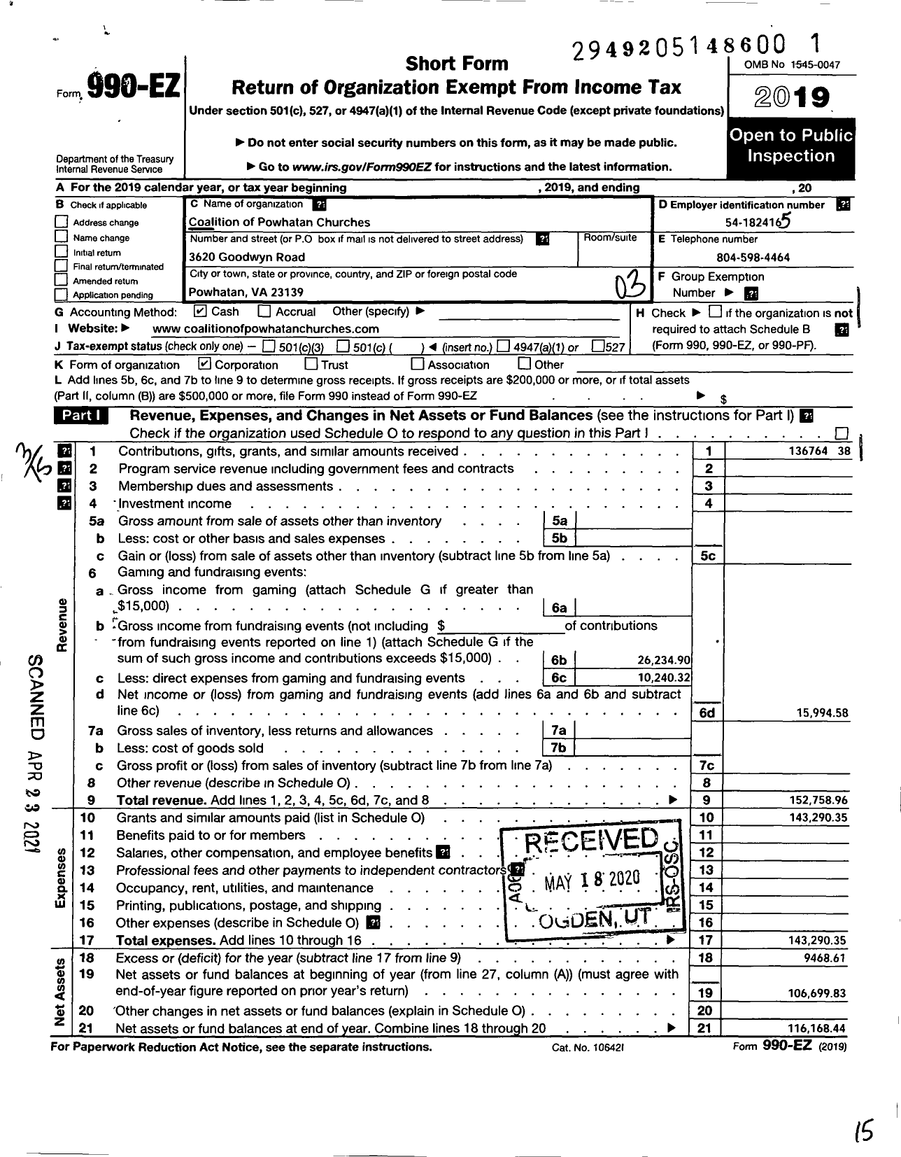 Image of first page of 2019 Form 990EZ for Coalition of Powhatan Churches