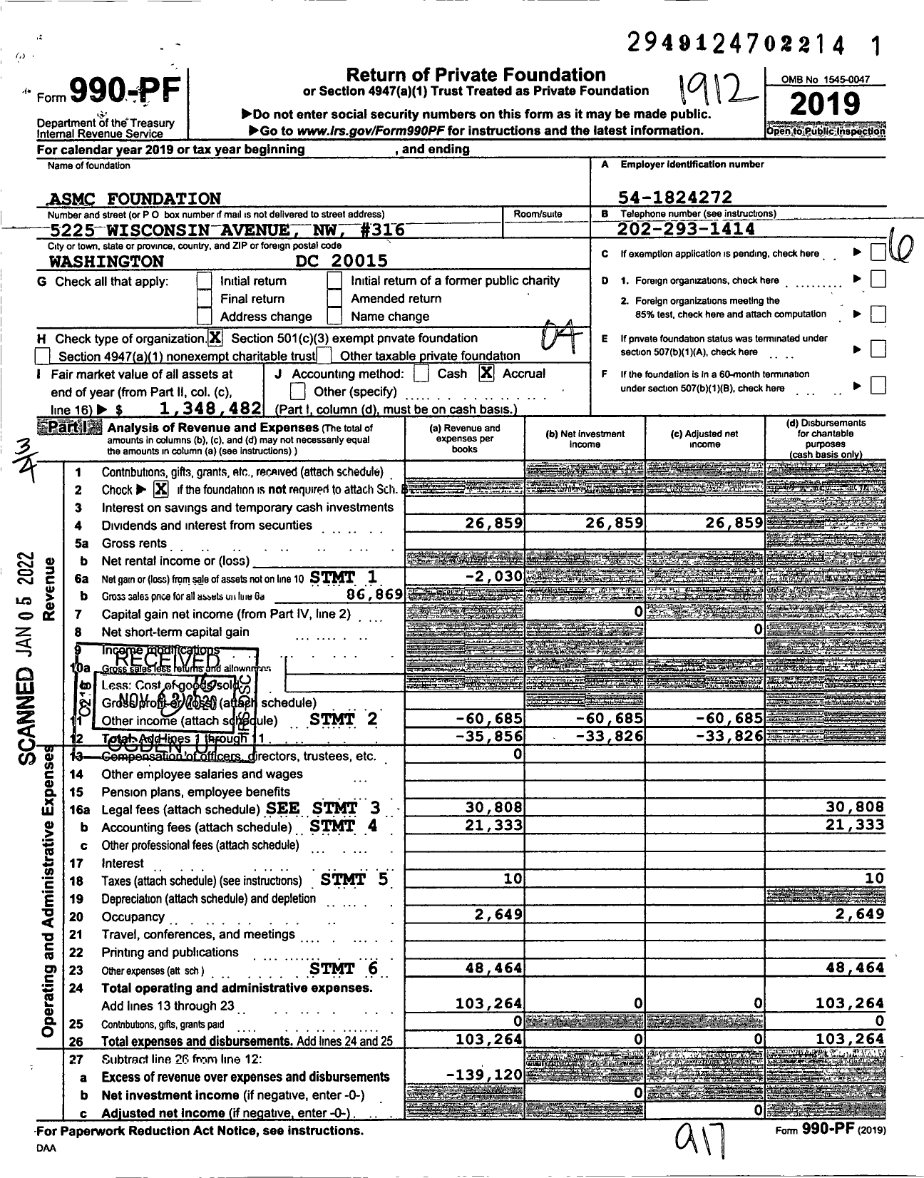 Image of first page of 2019 Form 990PF for Asmc Foundation