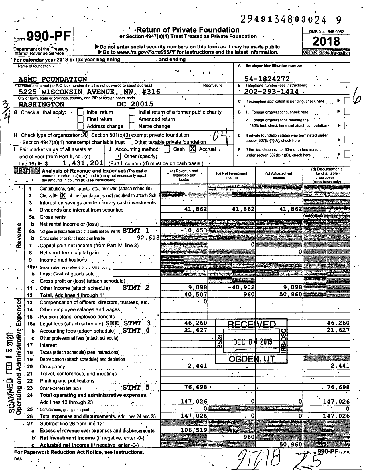 Image of first page of 2018 Form 990PF for Asmc Foundation