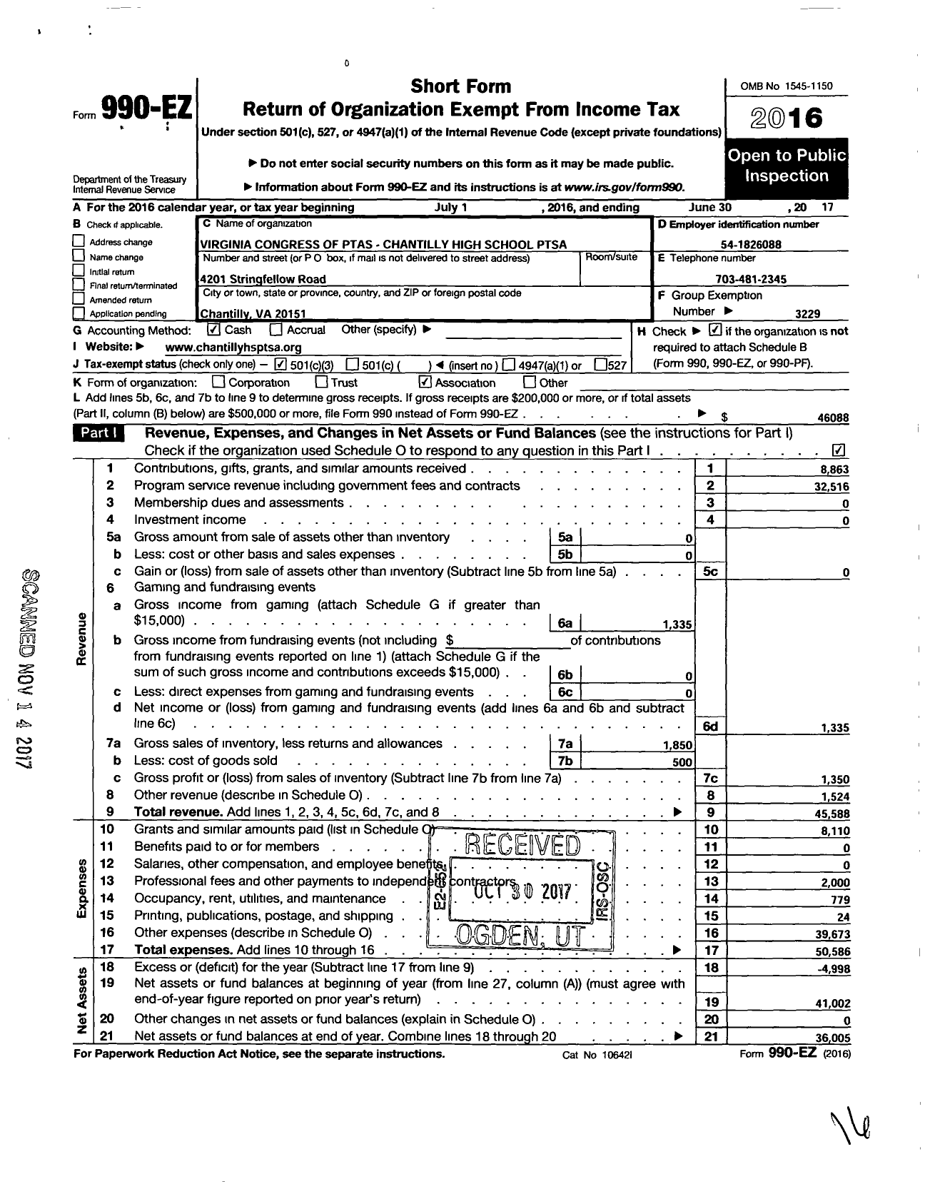 Image of first page of 2016 Form 990EZ for Virginia PTA - Chantilly High School Ptsa