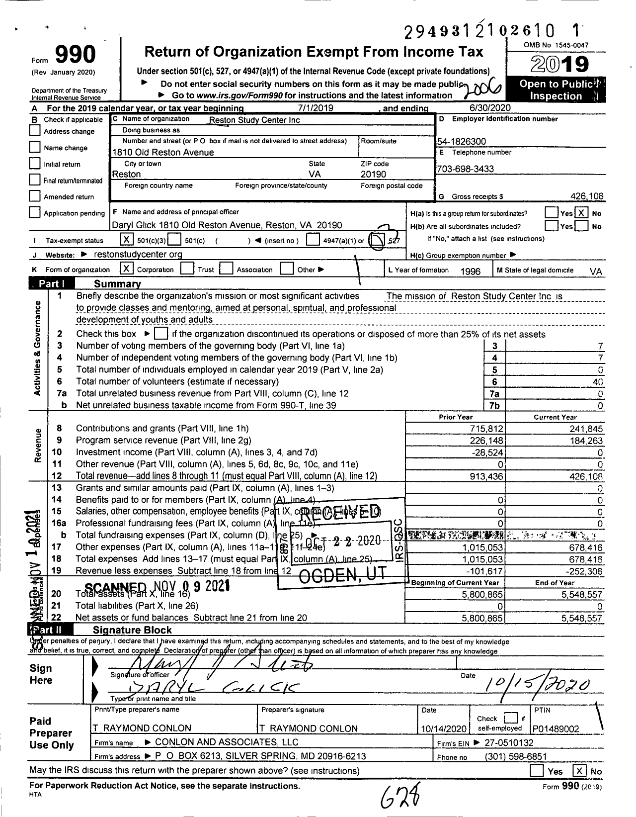 Image of first page of 2019 Form 990 for Reston Study Center