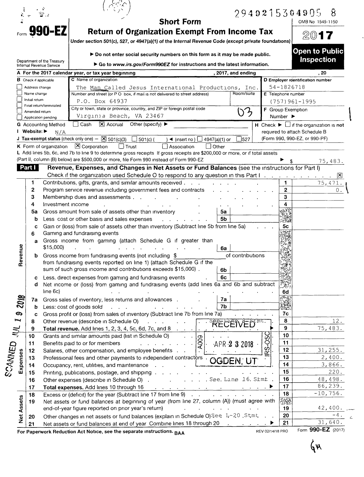 Image of first page of 2017 Form 990EZ for The Man Called Jesus International Productions