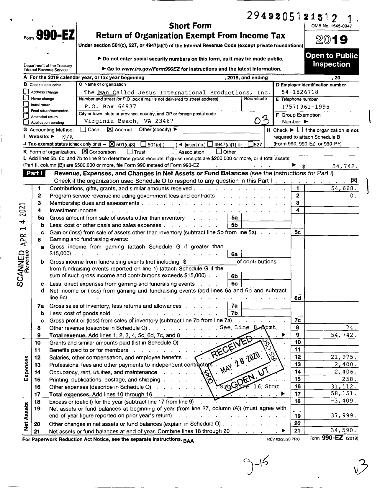 Image of first page of 2019 Form 990EZ for The Man Called Jesus International Productions