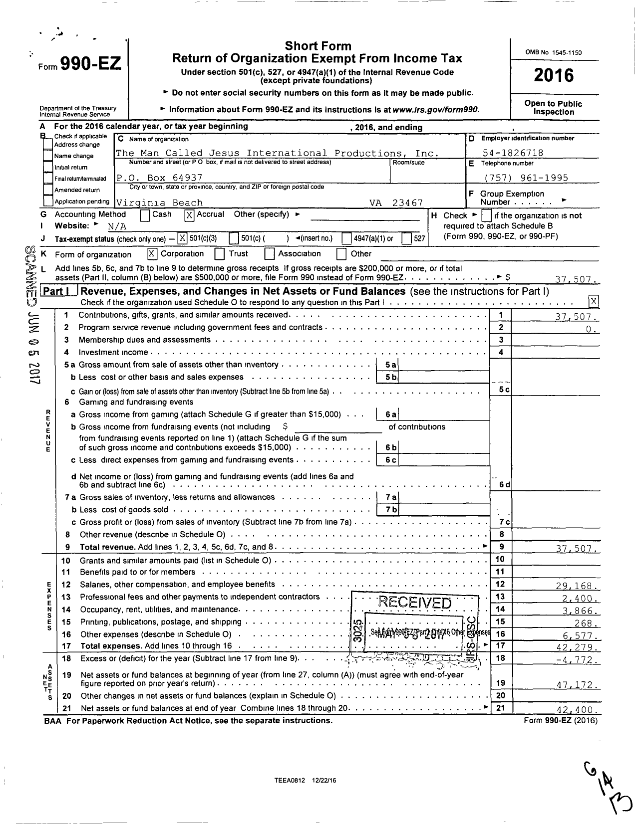 Image of first page of 2016 Form 990EZ for The Man Called Jesus International Productions