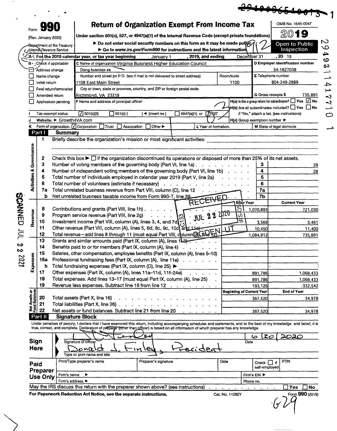 Image of first page of 2019 Form 990 for Virginia Business Higher Education Council