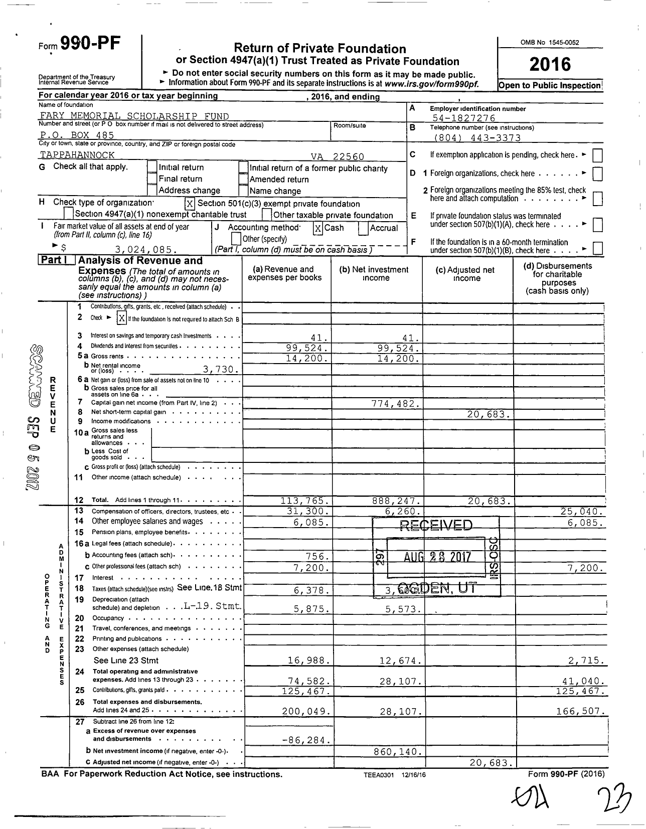 Image of first page of 2016 Form 990PF for Fary Memorial Scholarship Fund