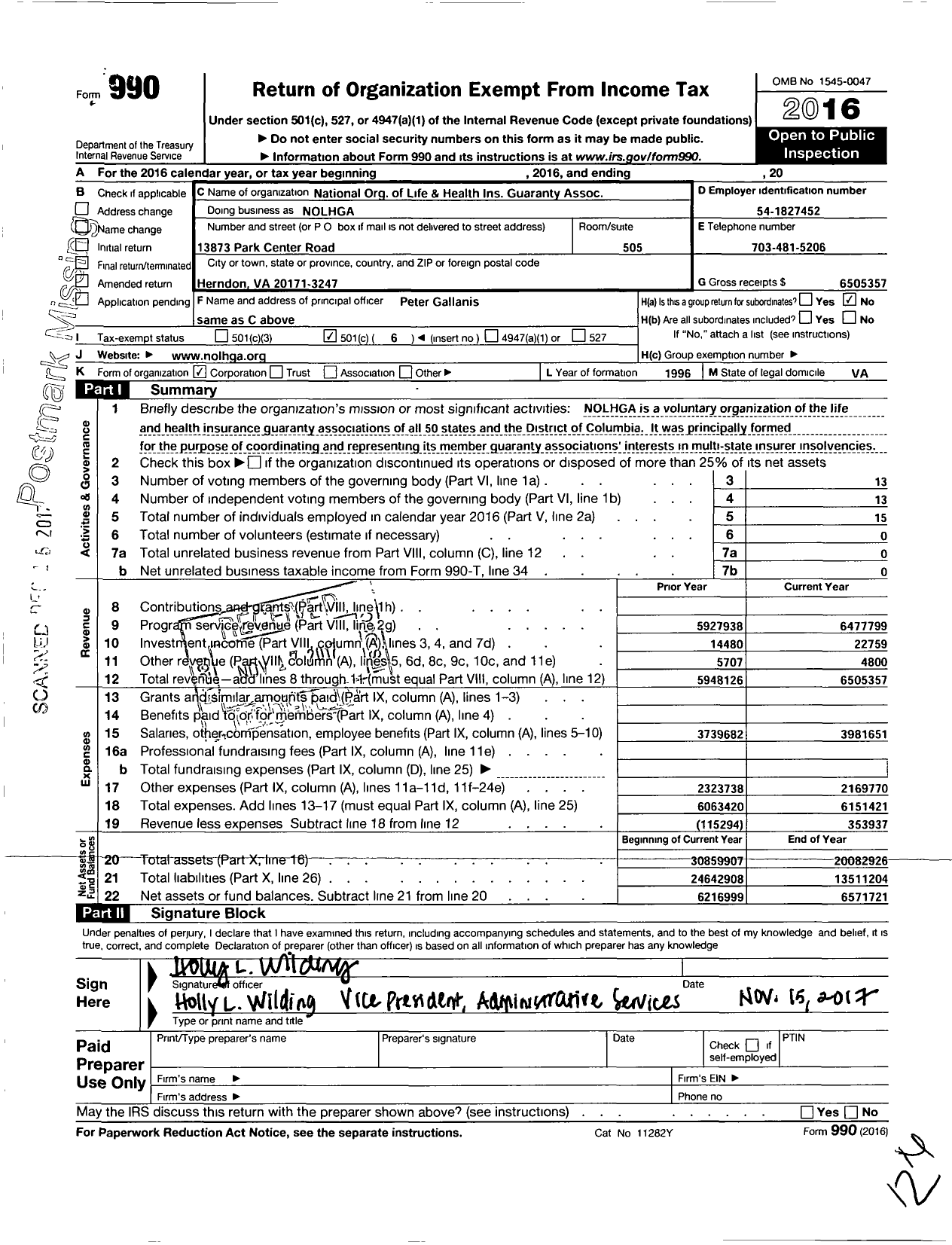 Image of first page of 2016 Form 990O for National Organization of Life and Health Insurance Guaranty Assocs (NOLHGA)