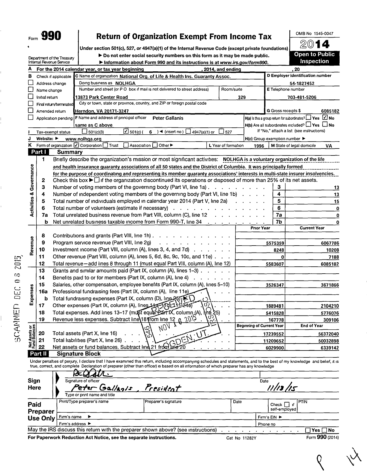 Image of first page of 2014 Form 990O for National Organization of Life and Health Insurance Guaranty Assocs (NOLHGA)