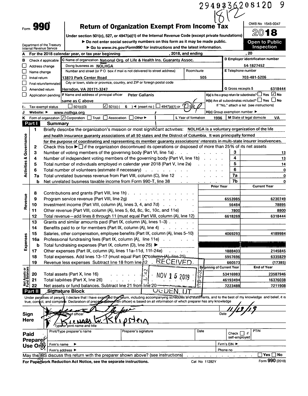 Image of first page of 2018 Form 990O for National Organization of Life and Health Insurance Guaranty Assocs (NOLHGA)