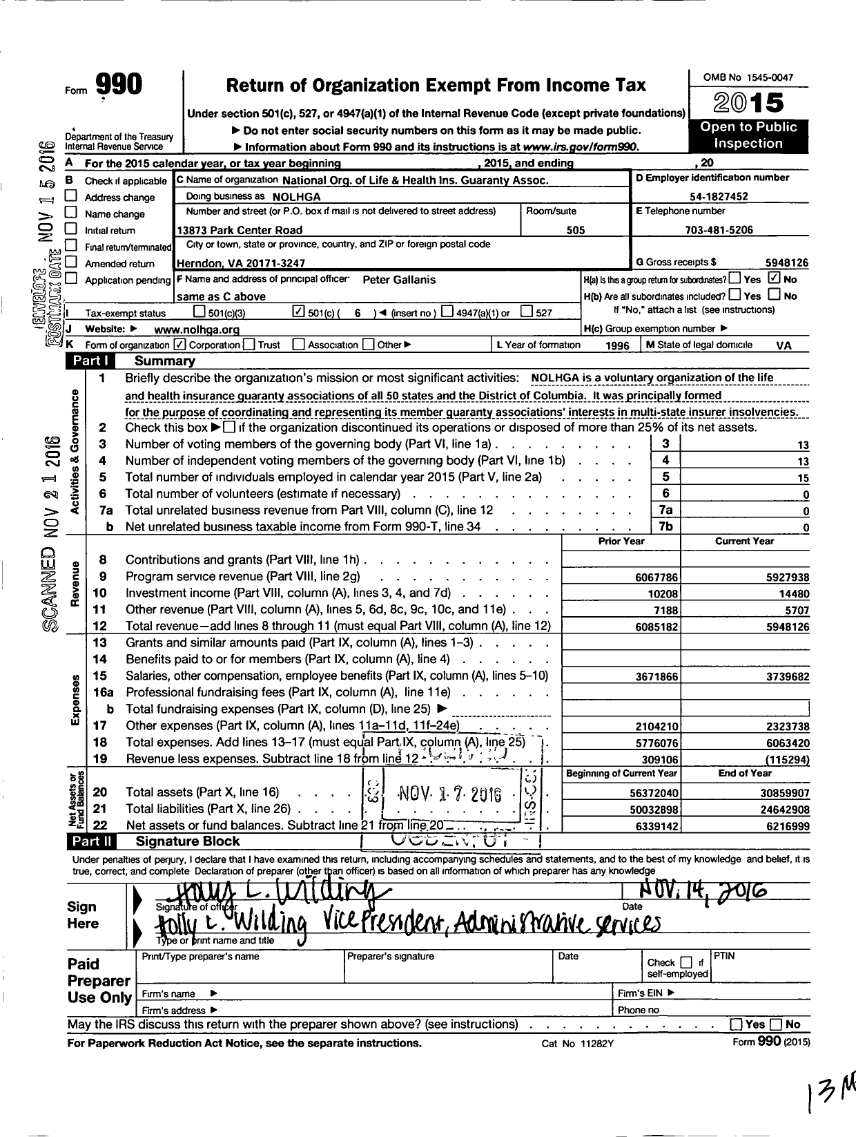 Image of first page of 2015 Form 990O for National Organization of Life and Health Insurance Guaranty Assocs (NOLHGA)