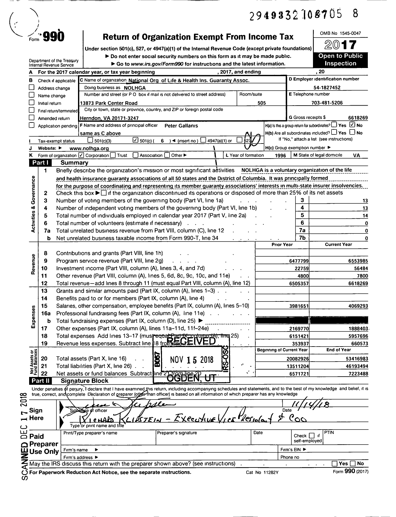 Image of first page of 2017 Form 990O for National Organization of Life and Health Insurance Guaranty Assocs (NOLHGA)