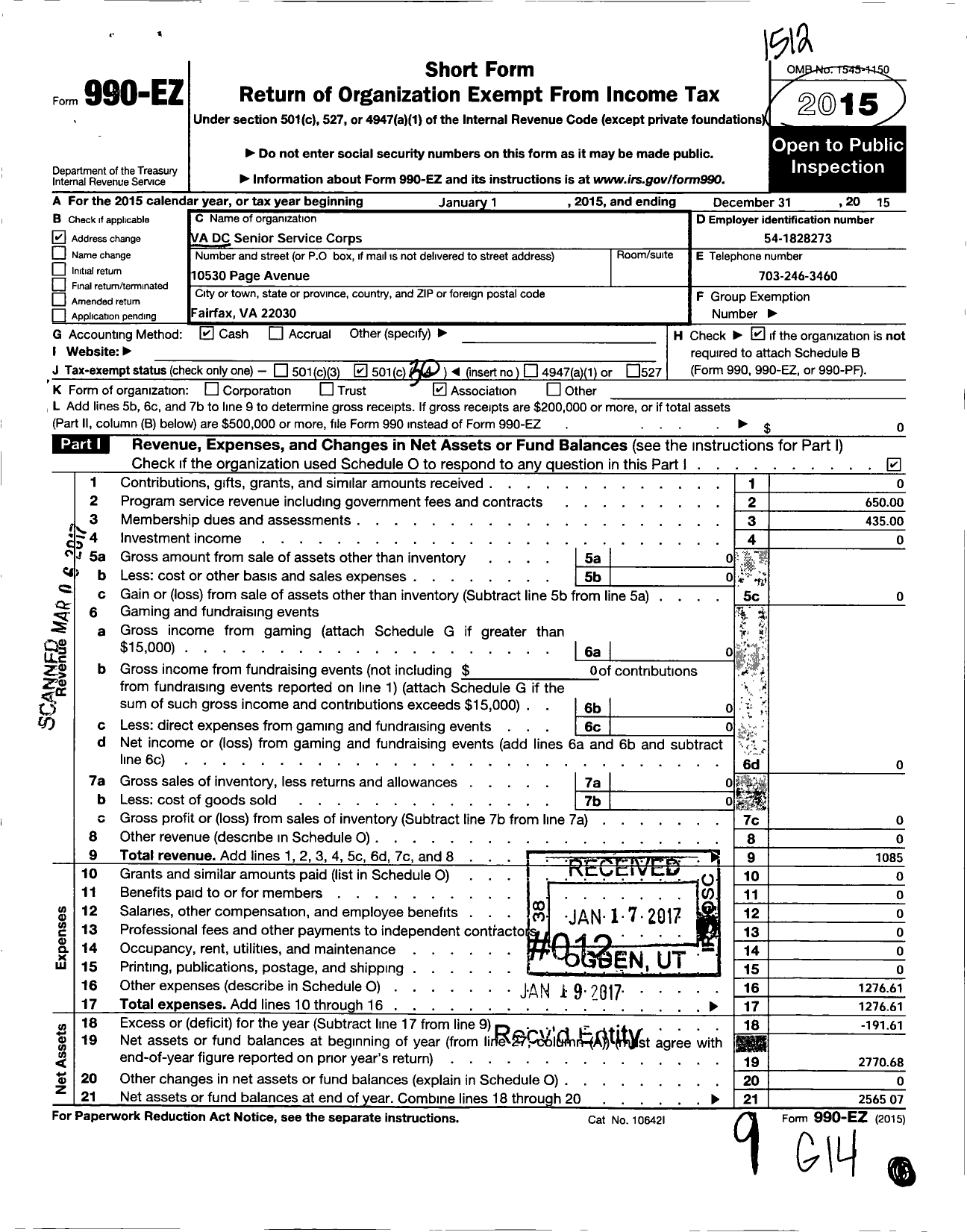 Image of first page of 2015 Form 990EZ for Va-Dc Senior Service Corps Directors Association