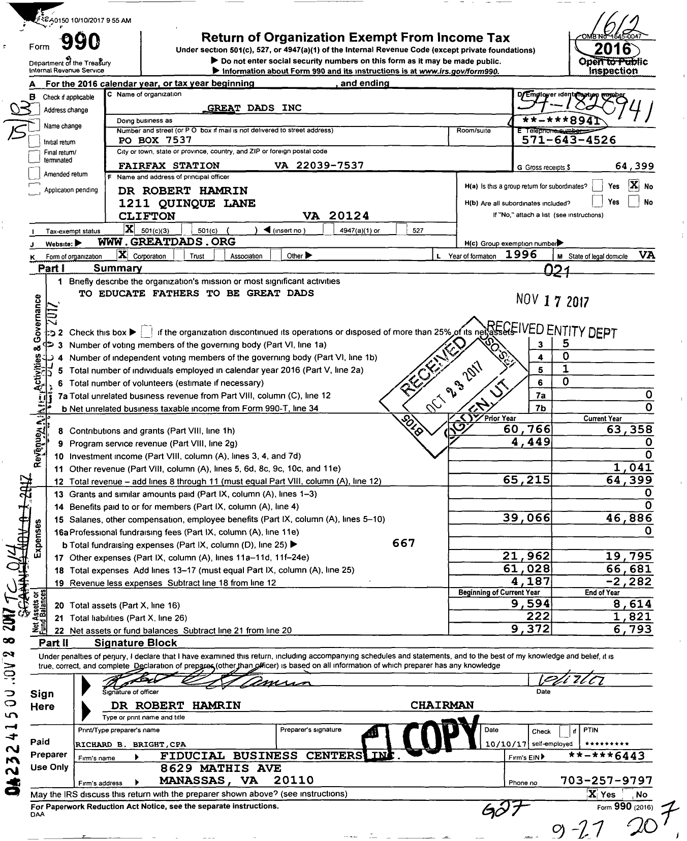 Image of first page of 2016 Form 990 for Great Dads