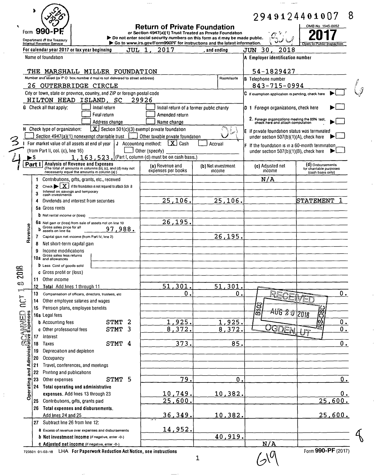 Image of first page of 2017 Form 990PF for The Marshall Miller Foundation