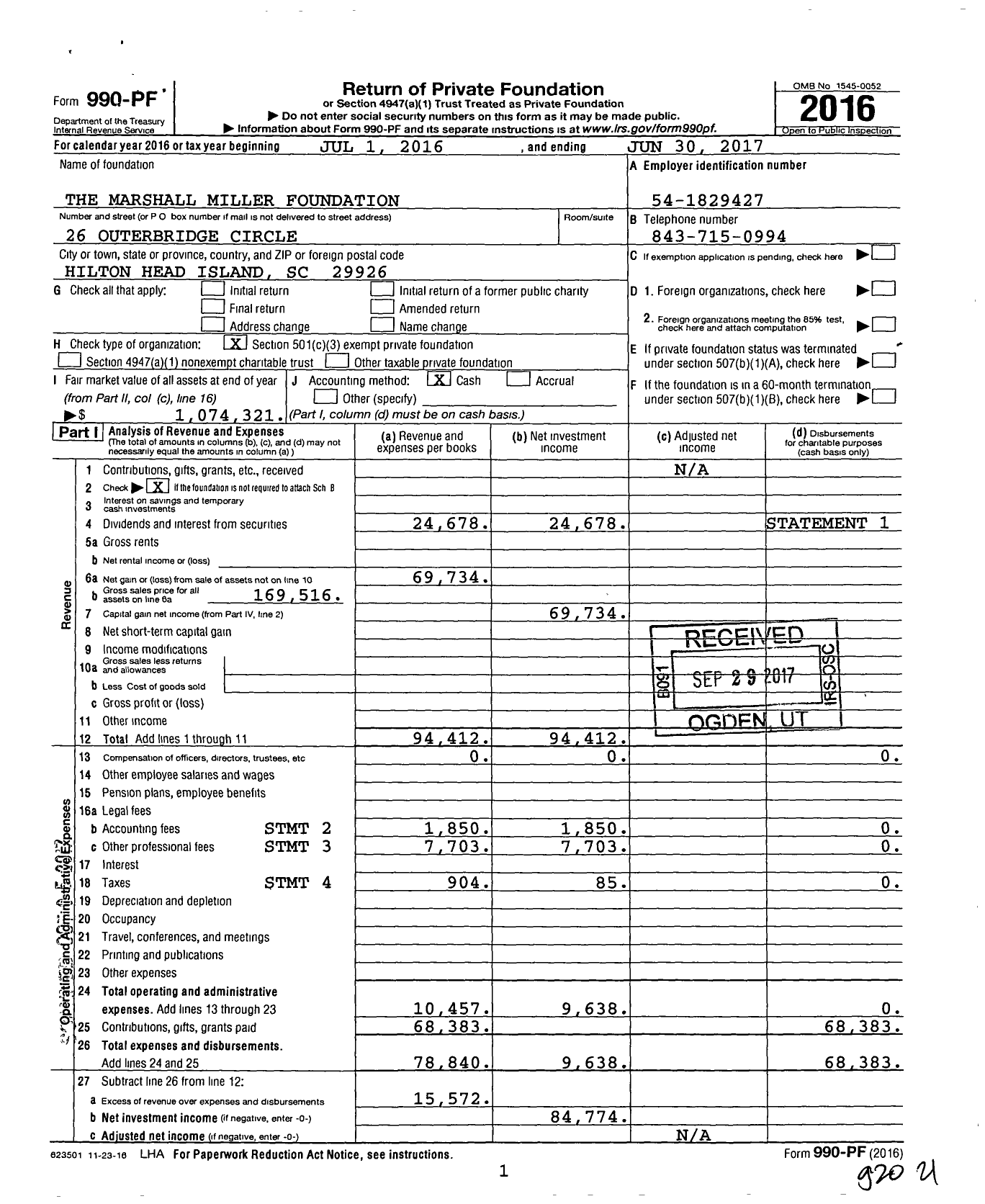 Image of first page of 2016 Form 990PF for The Marshall Miller Foundation