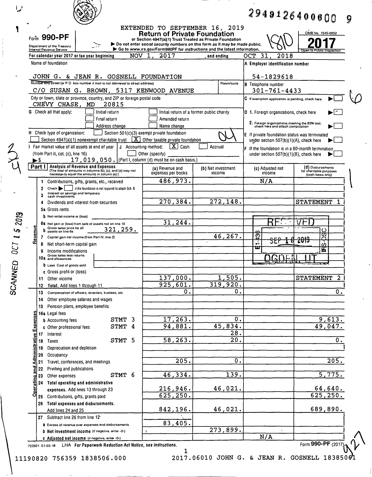 Image of first page of 2017 Form 990PF for John G and Jean R Gosnell Foundation