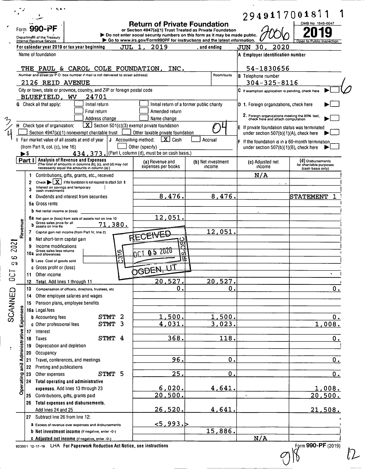 Image of first page of 2019 Form 990PF for The Paul and Carol Cole Foundation