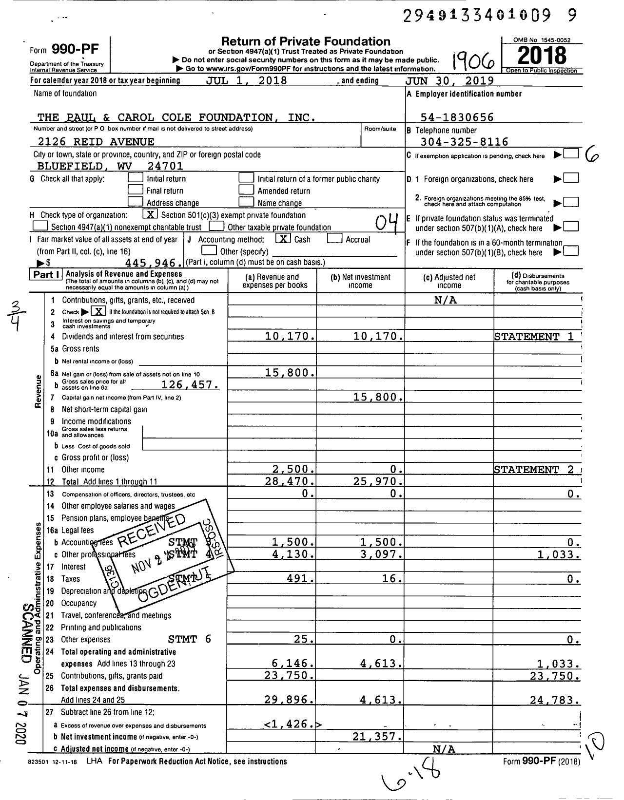 Image of first page of 2018 Form 990PF for The Paul and Carol Cole Foundation