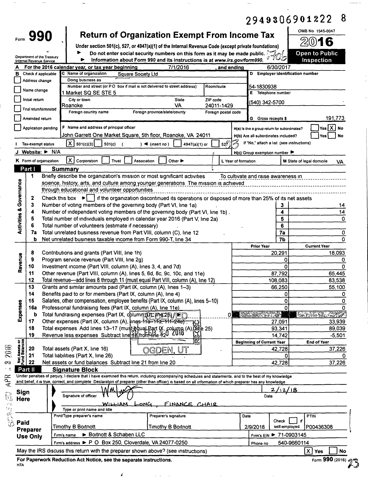 Image of first page of 2016 Form 990 for Square Society