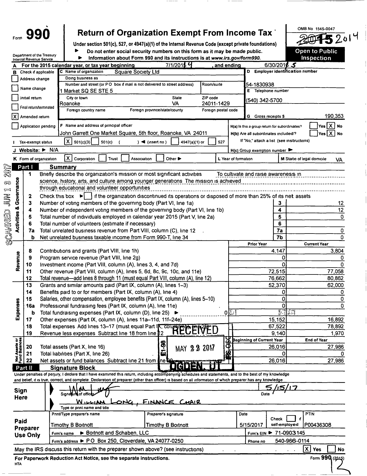 Image of first page of 2014 Form 990 for Square Society