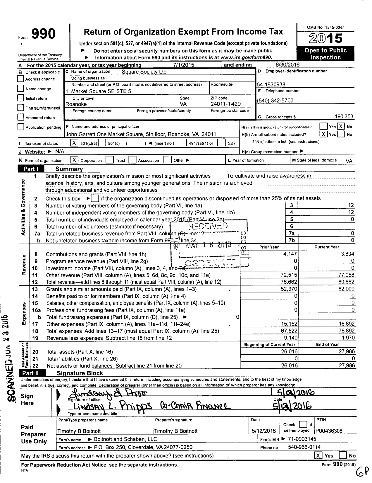 Image of first page of 2015 Form 990 for Square Society