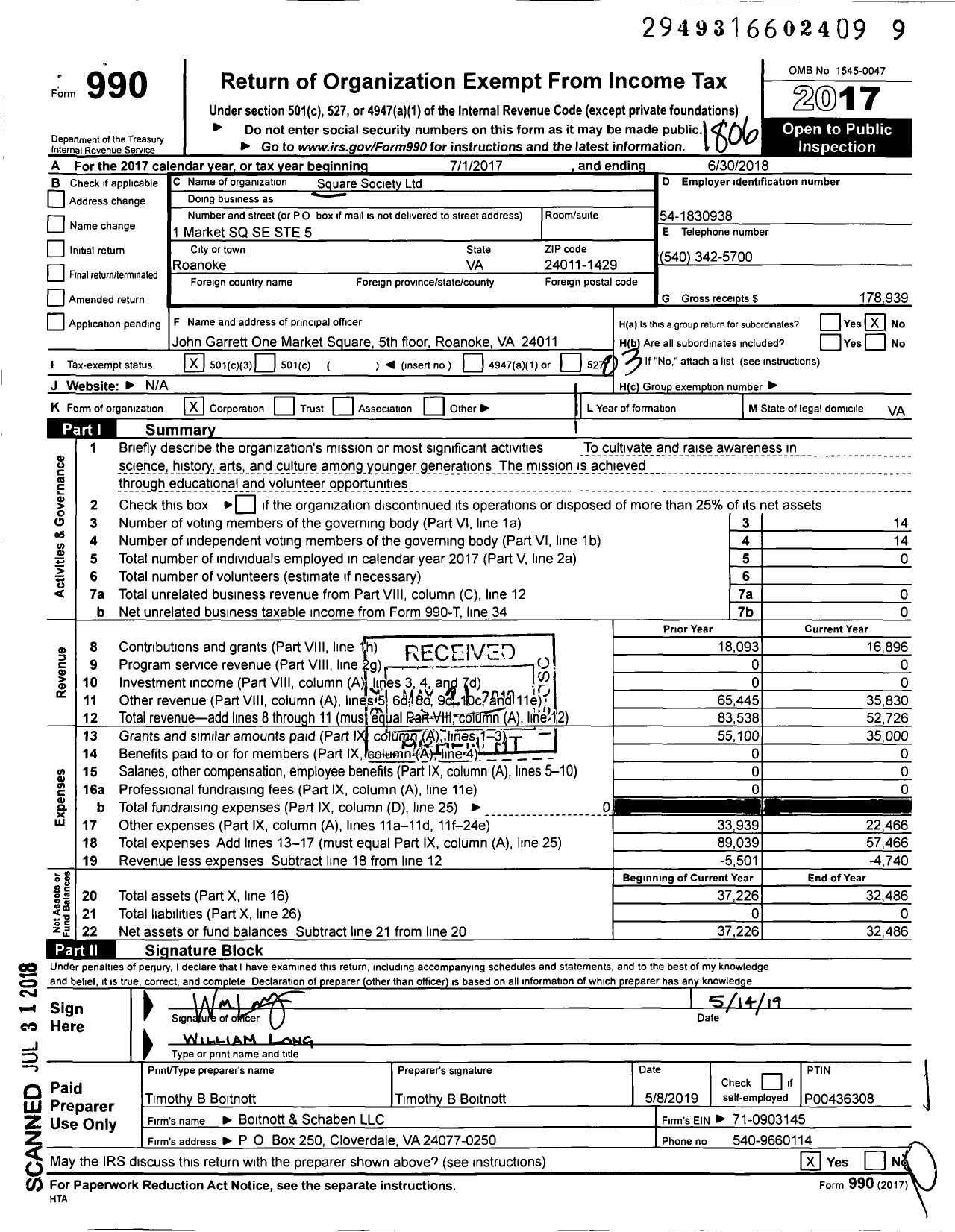 Image of first page of 2017 Form 990 for Square Society