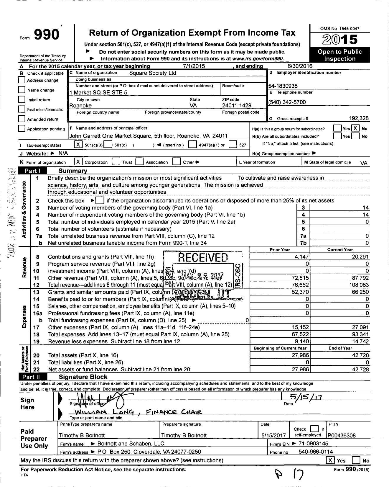 Image of first page of 2015 Form 990 for Square Society