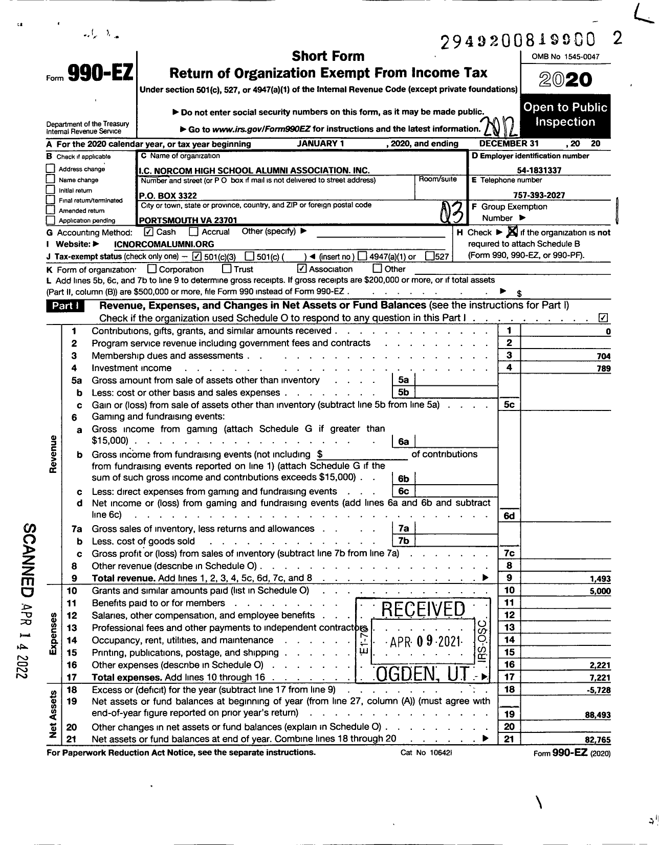 Image of first page of 2020 Form 990EZ for I C Norom High School Alumni Association