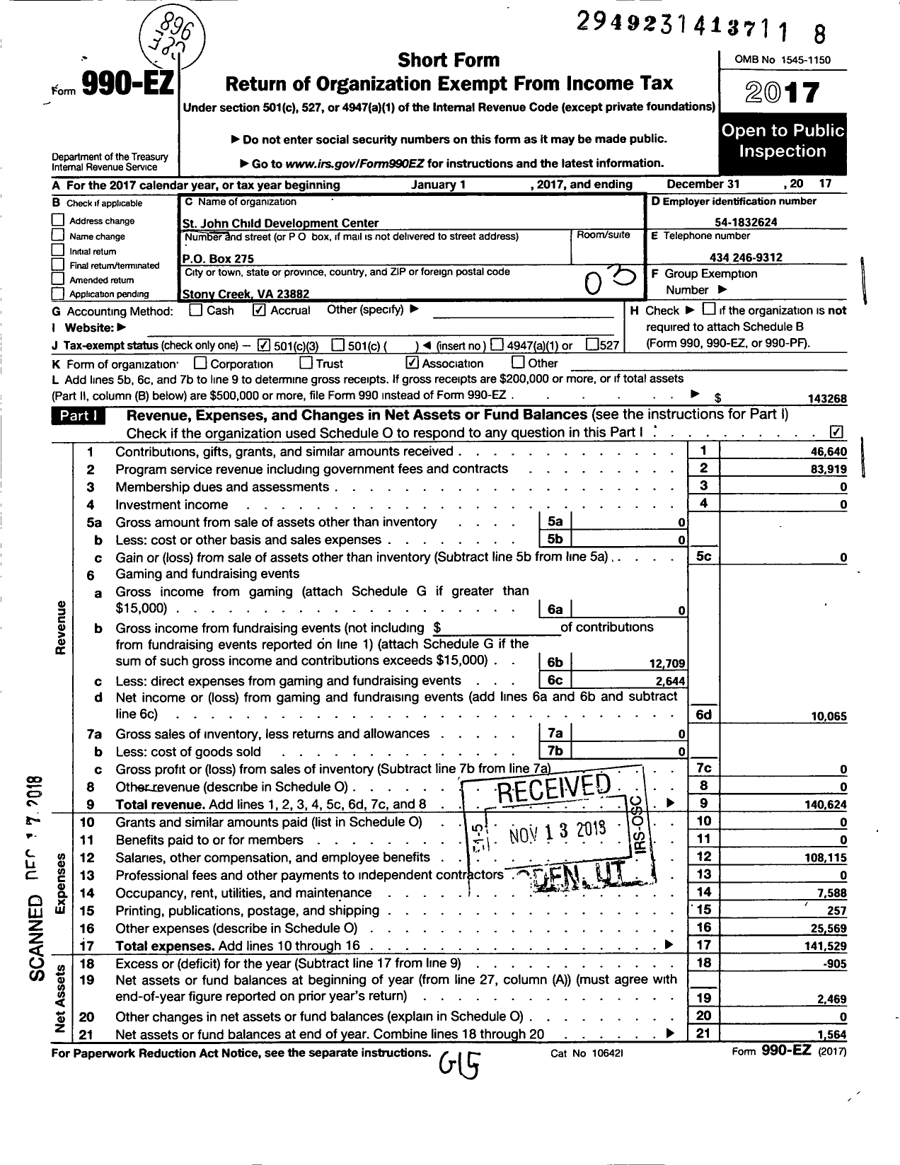 Image of first page of 2017 Form 990EZ for Saint John Child Development Center