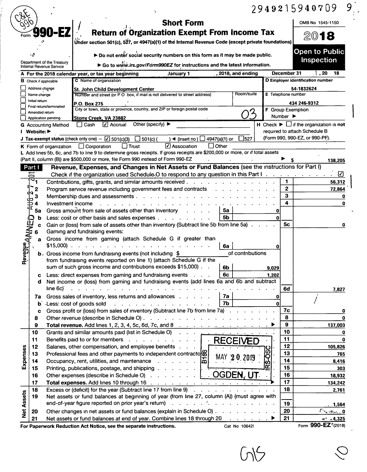 Image of first page of 2018 Form 990EZ for Saint John Child Development Center