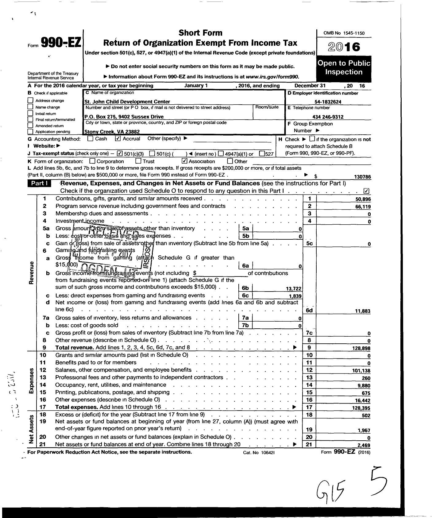 Image of first page of 2016 Form 990EZ for Saint John Child Development Center