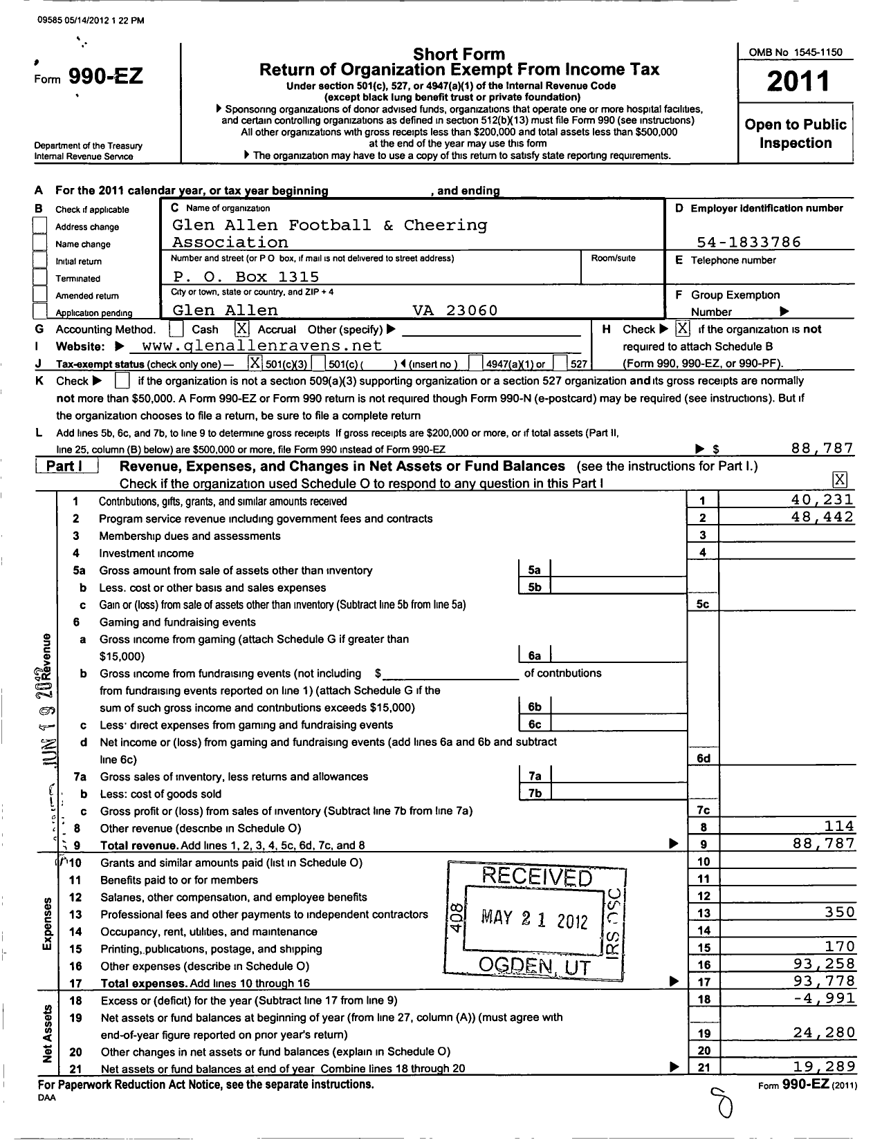 Image of first page of 2011 Form 990EZ for Glen Allen Football and Cheering Association