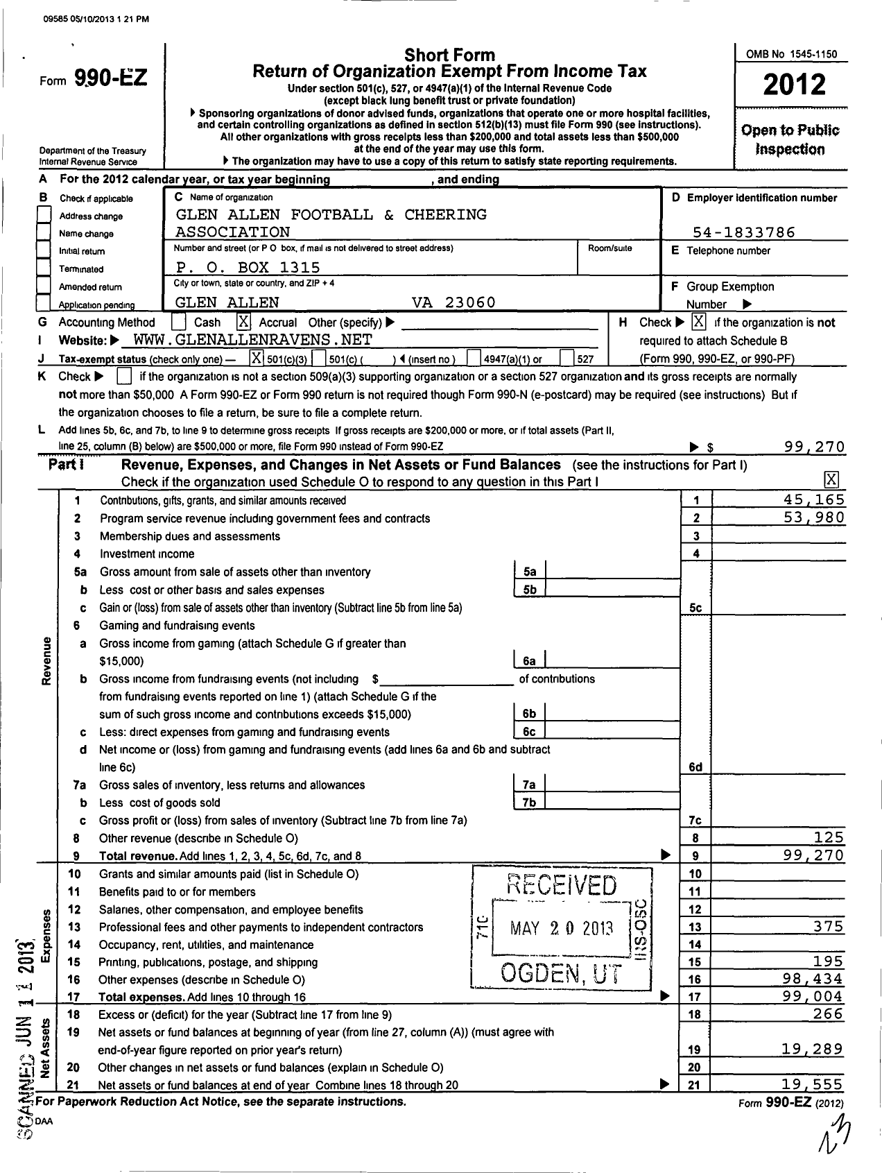 Image of first page of 2012 Form 990EZ for Glen Allen Football and Cheering Association