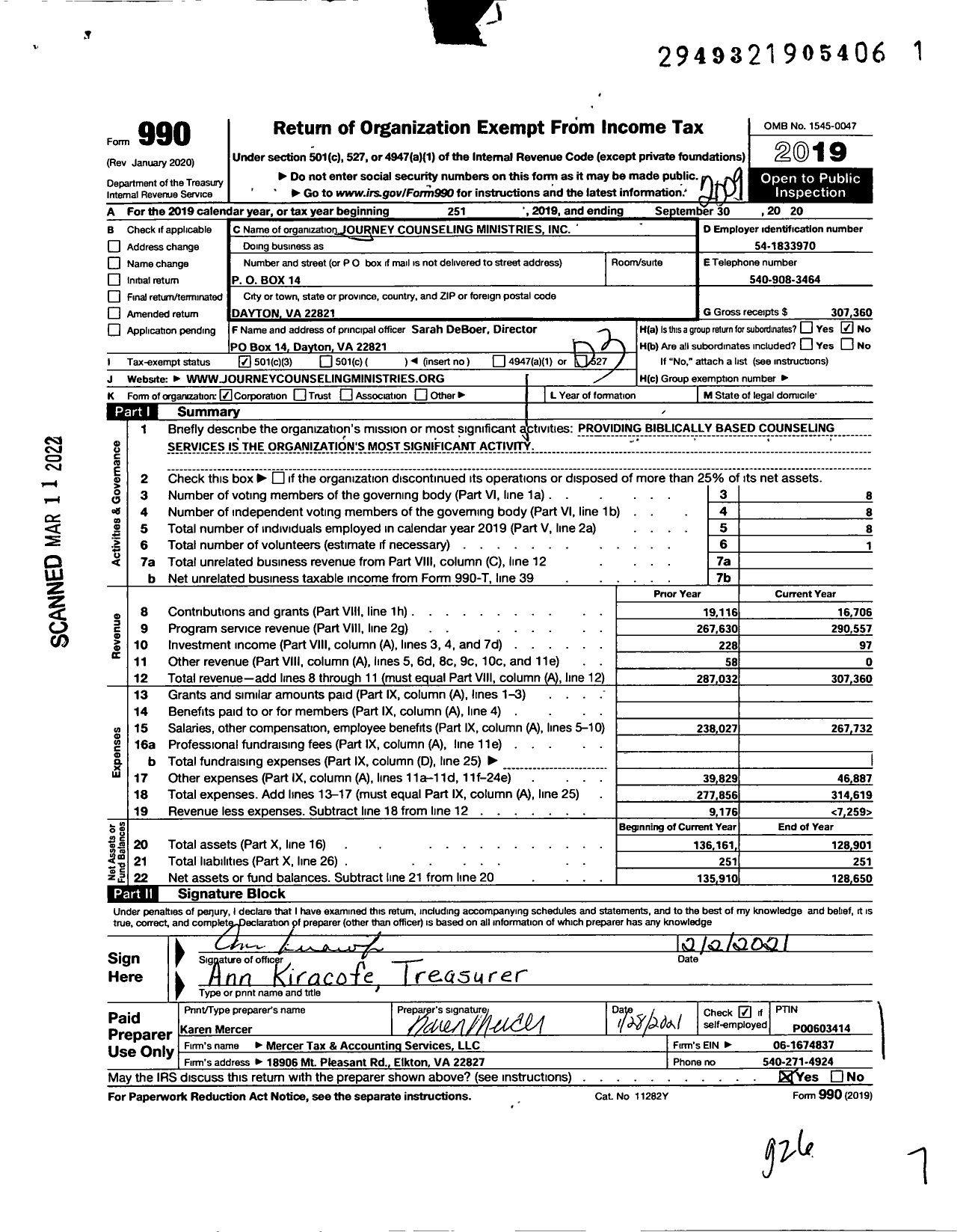 Image of first page of 2019 Form 990 for Journey Counseling Ministries