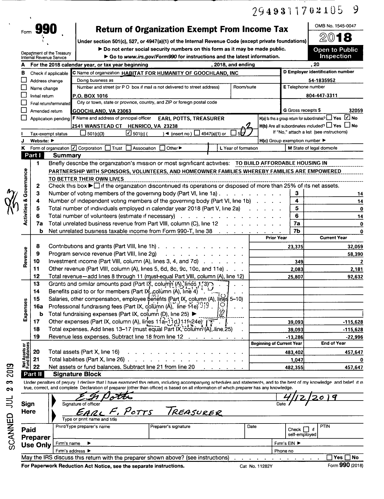 Image of first page of 2018 Form 990 for Habitat for Humanity - Goochland County HFH of