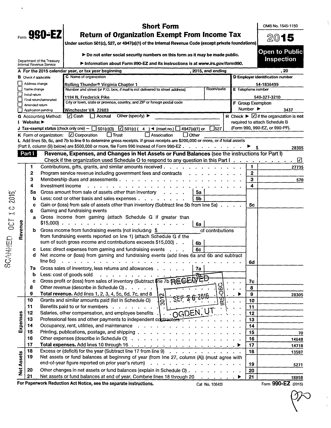 Image of first page of 2015 Form 990EO for Rolling Thunder - R T Chap 1 Va