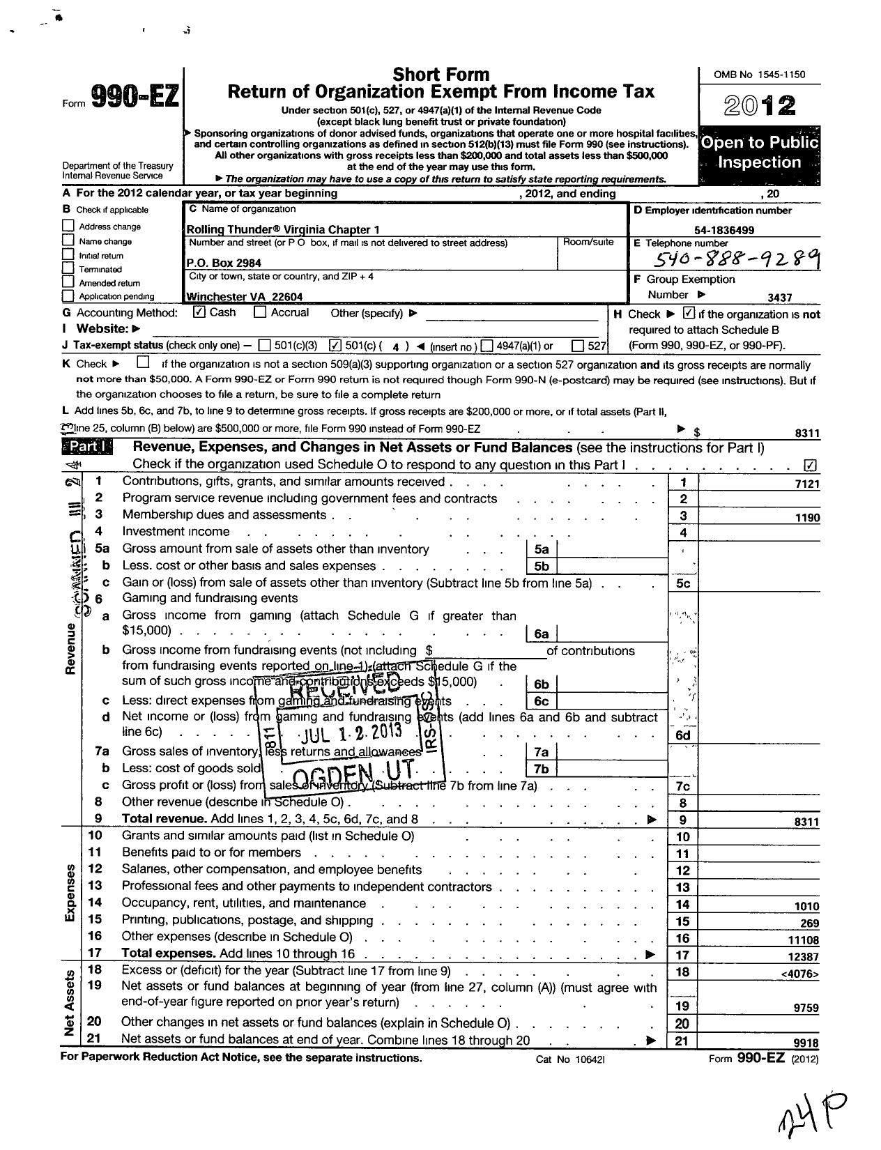 Image of first page of 2012 Form 990EO for Rolling Thunder - R T Chap 1 Va