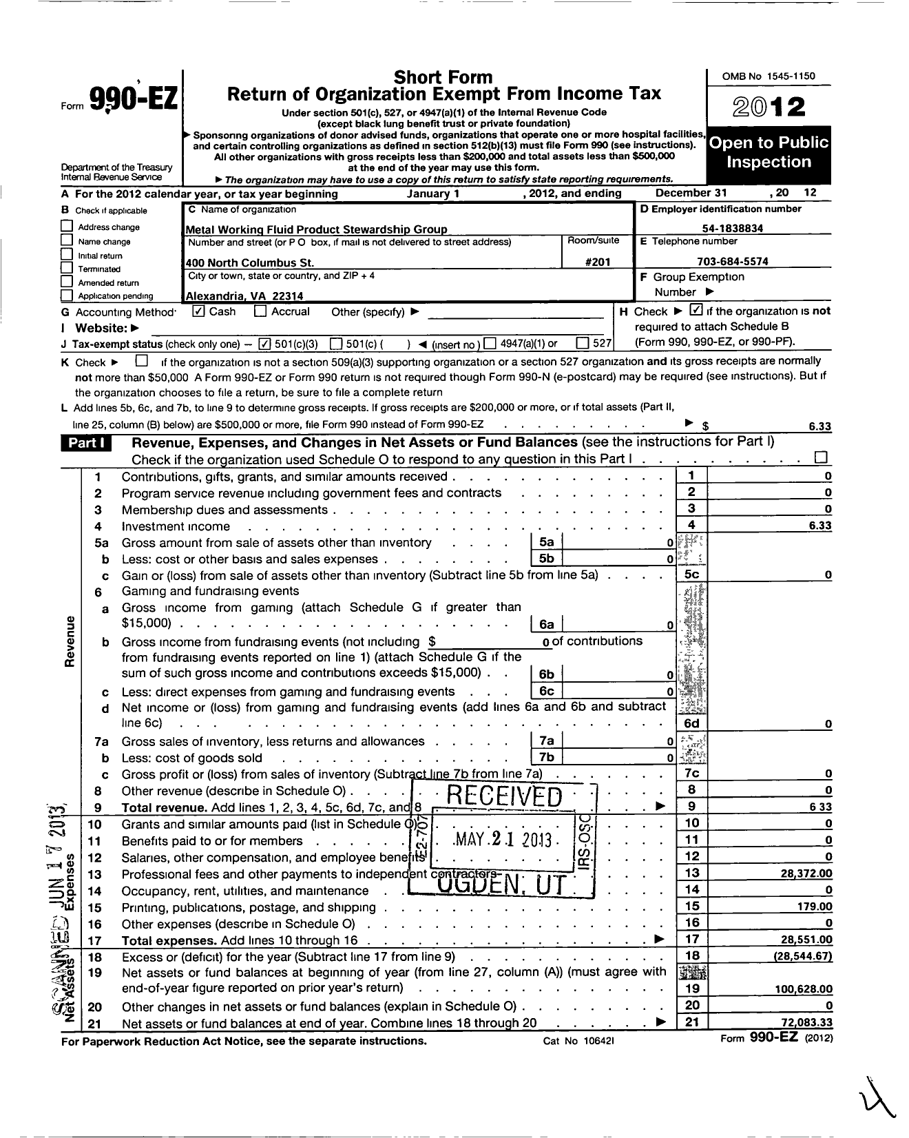 Image of first page of 2012 Form 990EZ for Metal Working Fluid Product Stewardship Group