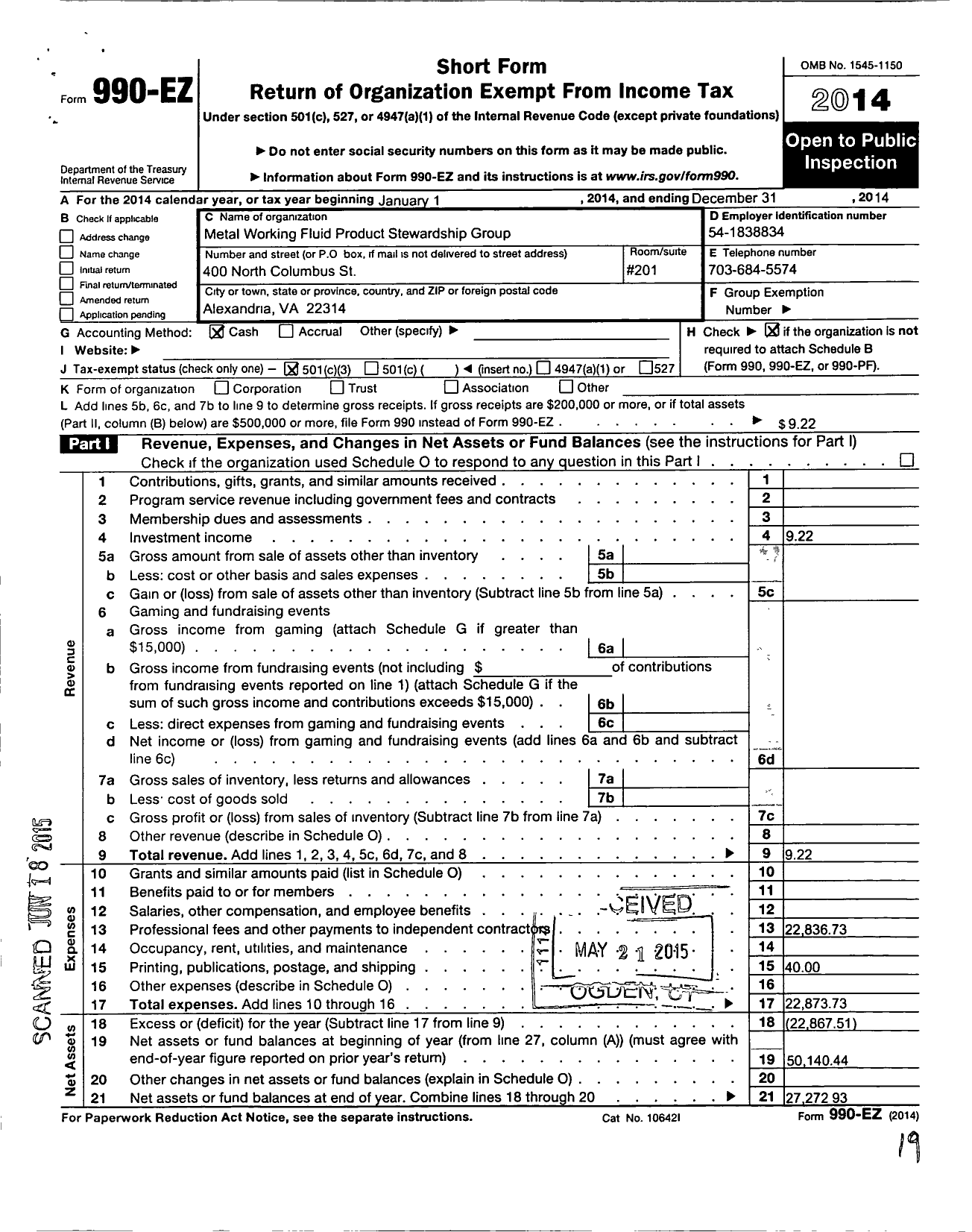 Image of first page of 2014 Form 990EZ for Metal Working Fluid Product Stewardship Group