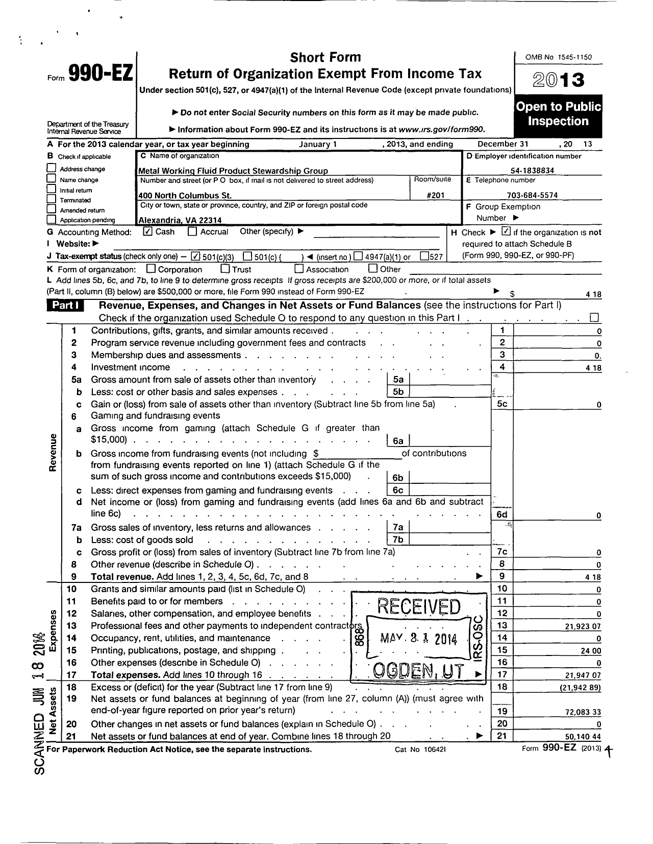 Image of first page of 2013 Form 990EZ for Metal Working Fluid Product Stewardship Group