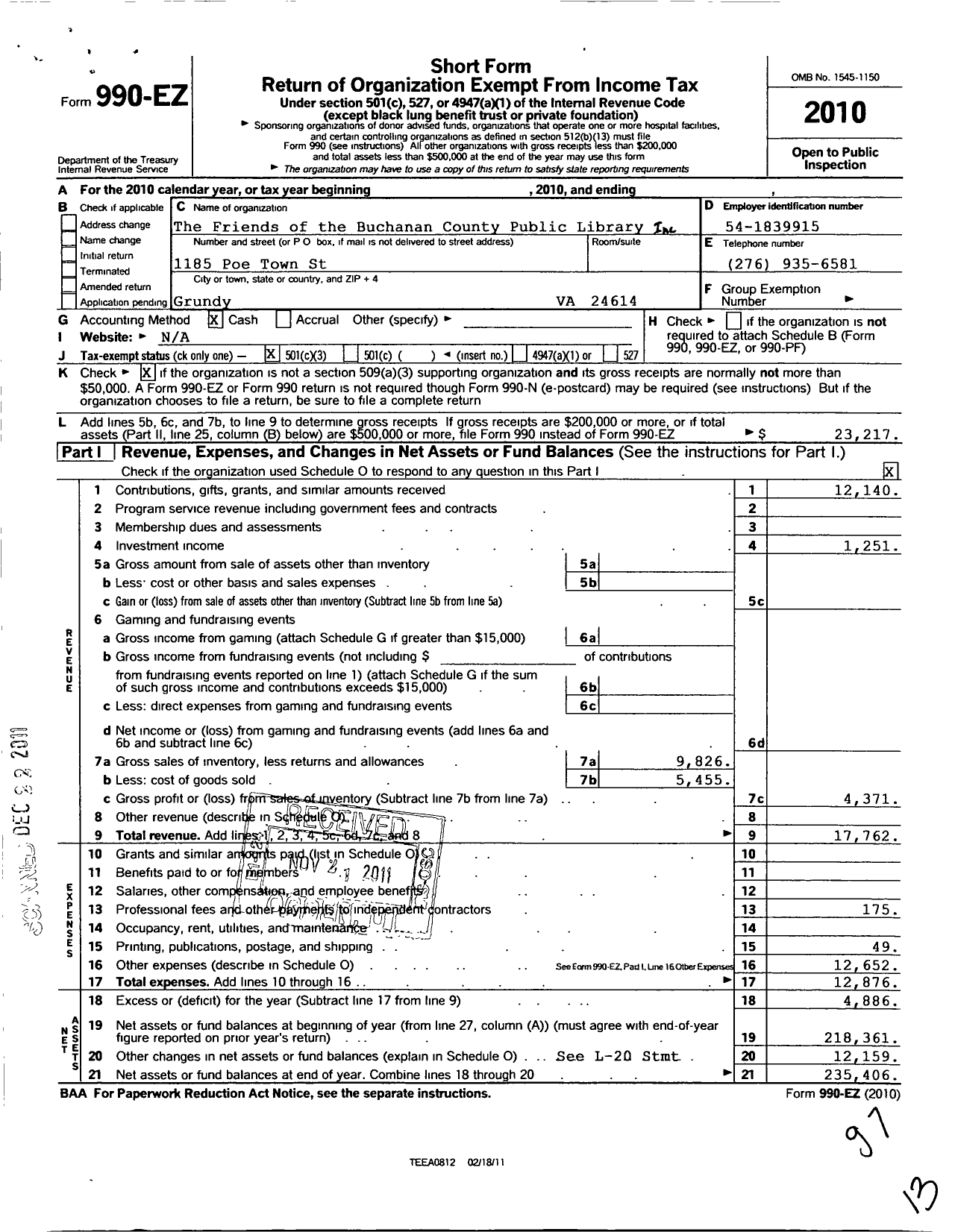 Image of first page of 2010 Form 990EZ for The Friends of the Buchanan County Public Library