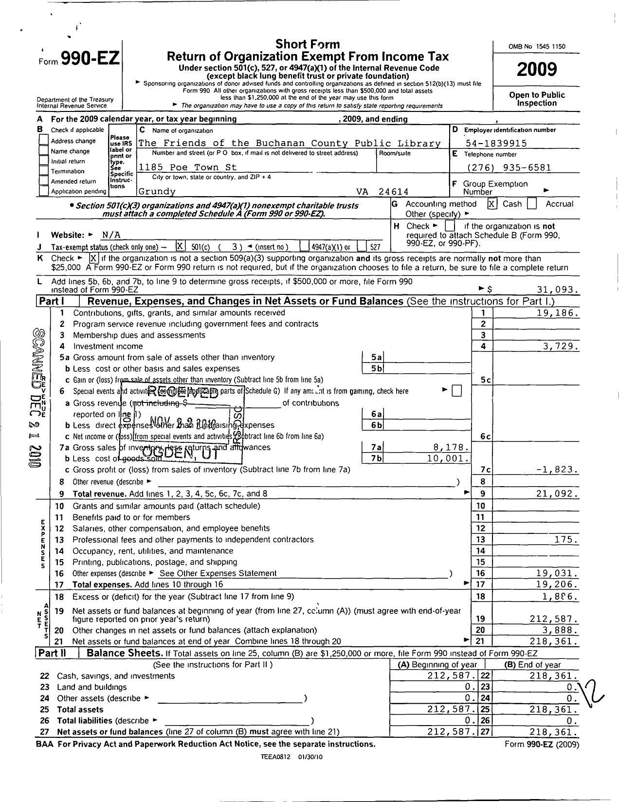 Image of first page of 2009 Form 990EZ for The Friends of the Buchanan County Public Library