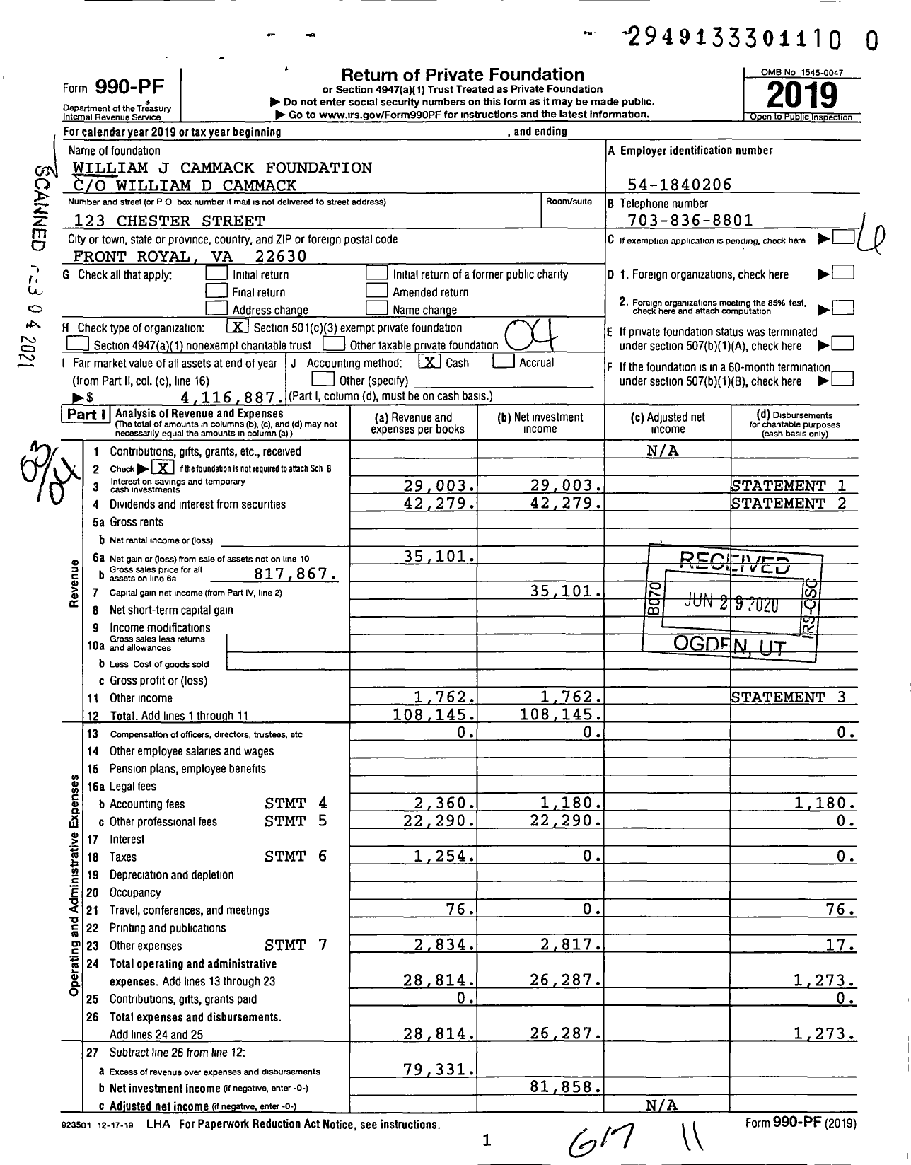 Image of first page of 2019 Form 990PF for William J Cammack Foundation