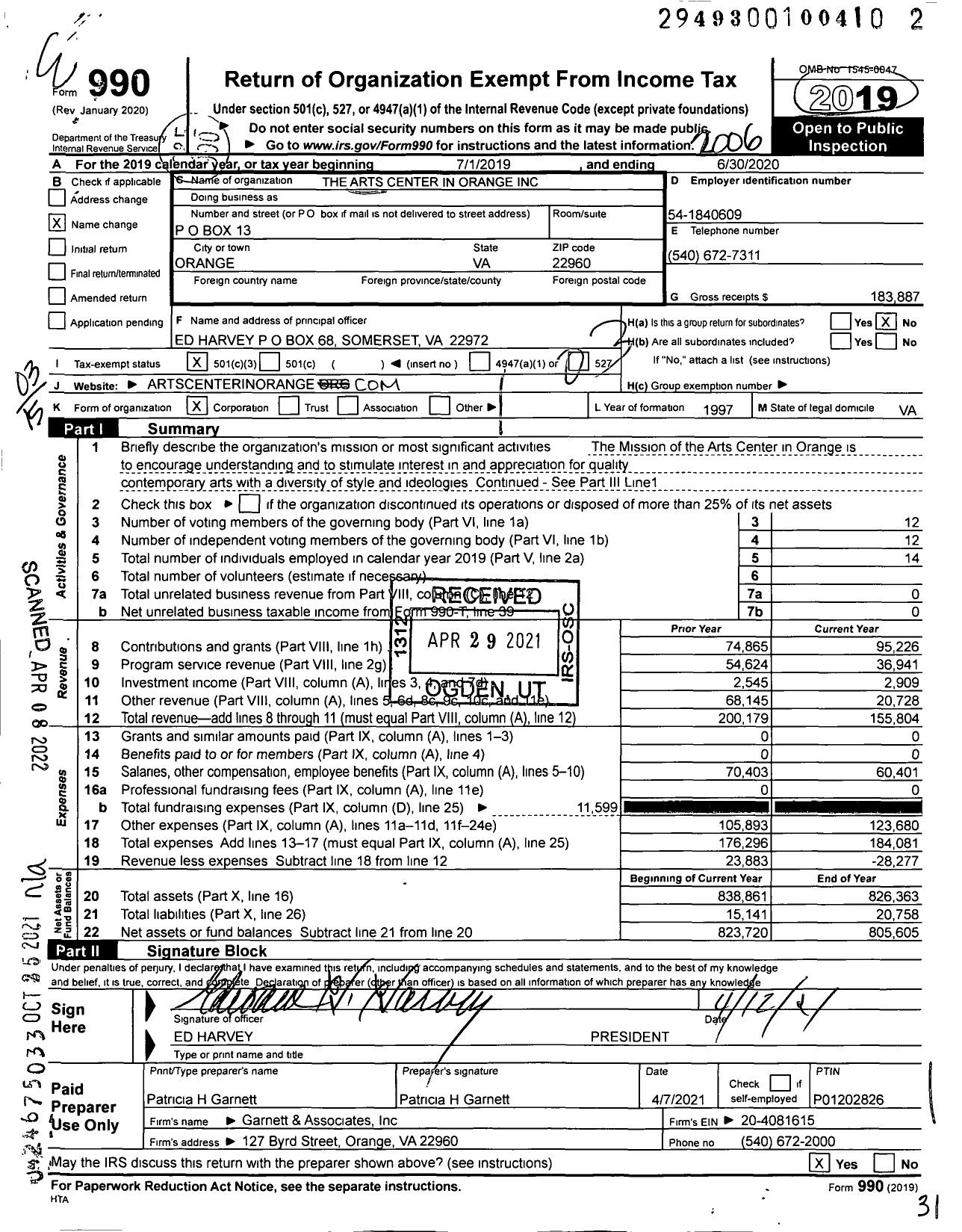 Image of first page of 2019 Form 990 for Arts Center in Orange