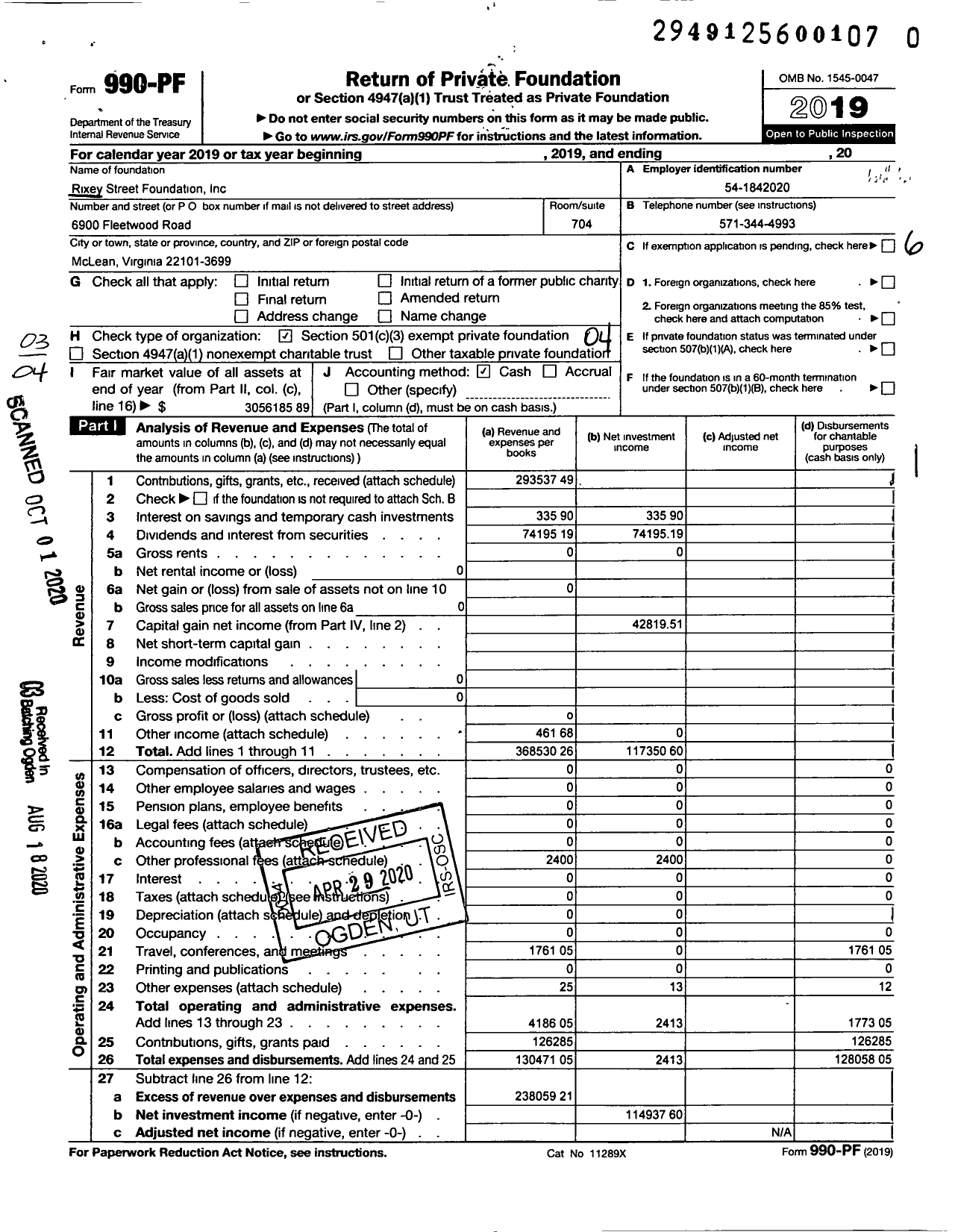 Image of first page of 2019 Form 990PR for Rixey Street Foundation