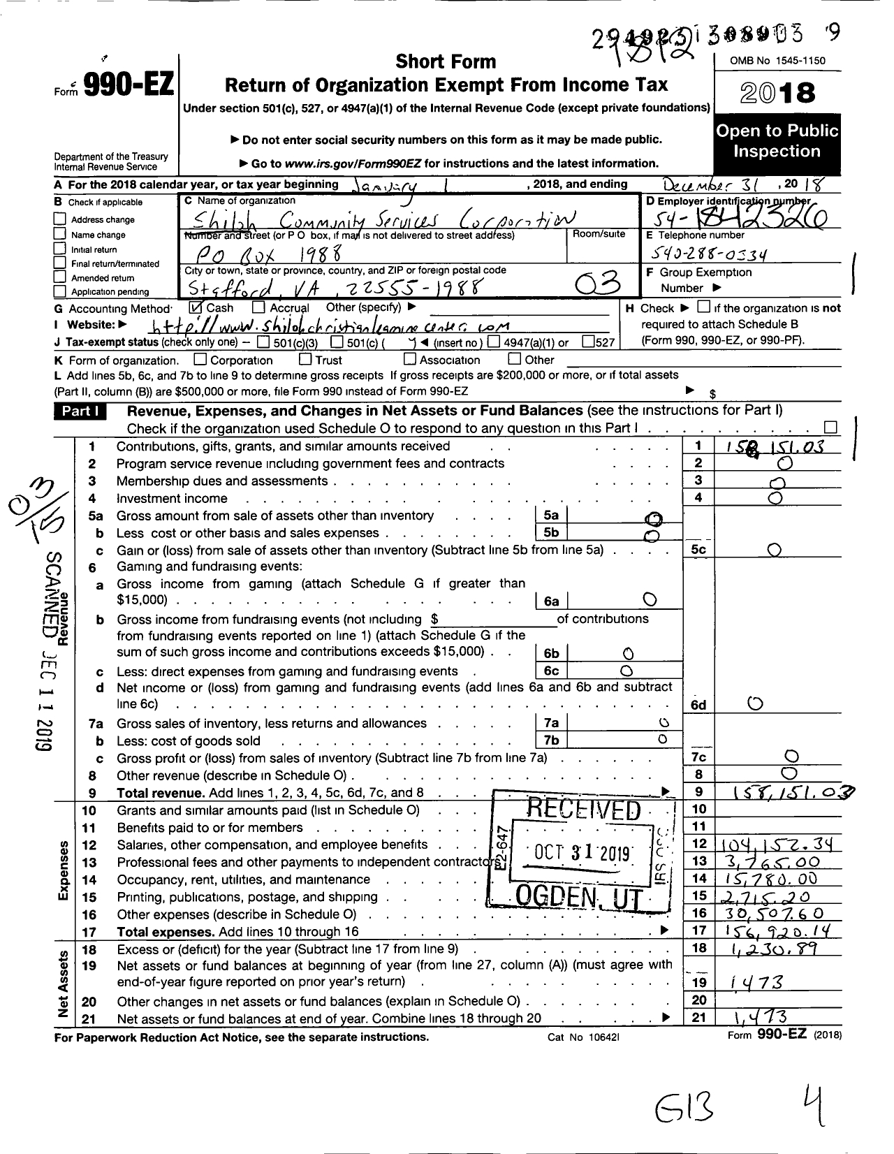 Image of first page of 2018 Form 990EZ for Shiloh Community Services Corporation