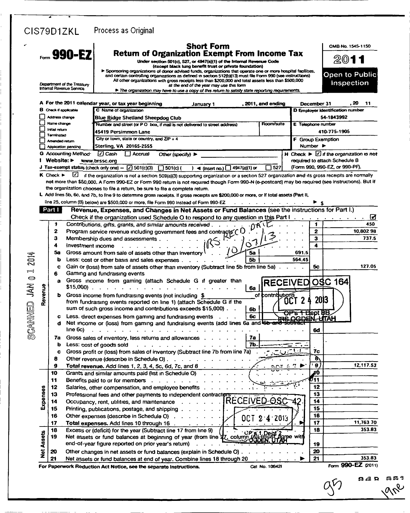 Image of first page of 2011 Form 990EZ for Blue Ridge Shetland Sheepdog Club